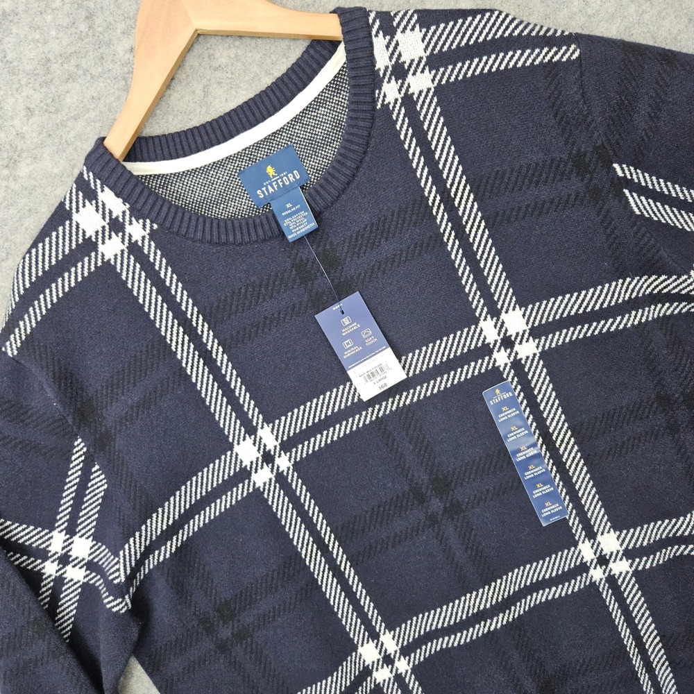 NEW Stafford Sweater Mens XL Navy Windowpane Plaid Long Sleeve Cotton/Wool Blend